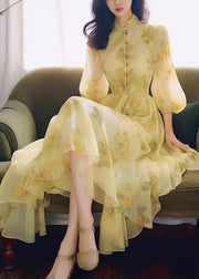 French Yellow Stand Collar Puff Sleeve Print Chiffon Dress