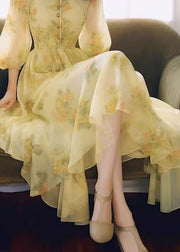 French Yellow Stand Collar Puff Sleeve Print Chiffon Dress