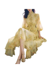 French Yellow Stand Collar Puff Sleeve Print Chiffon Dress