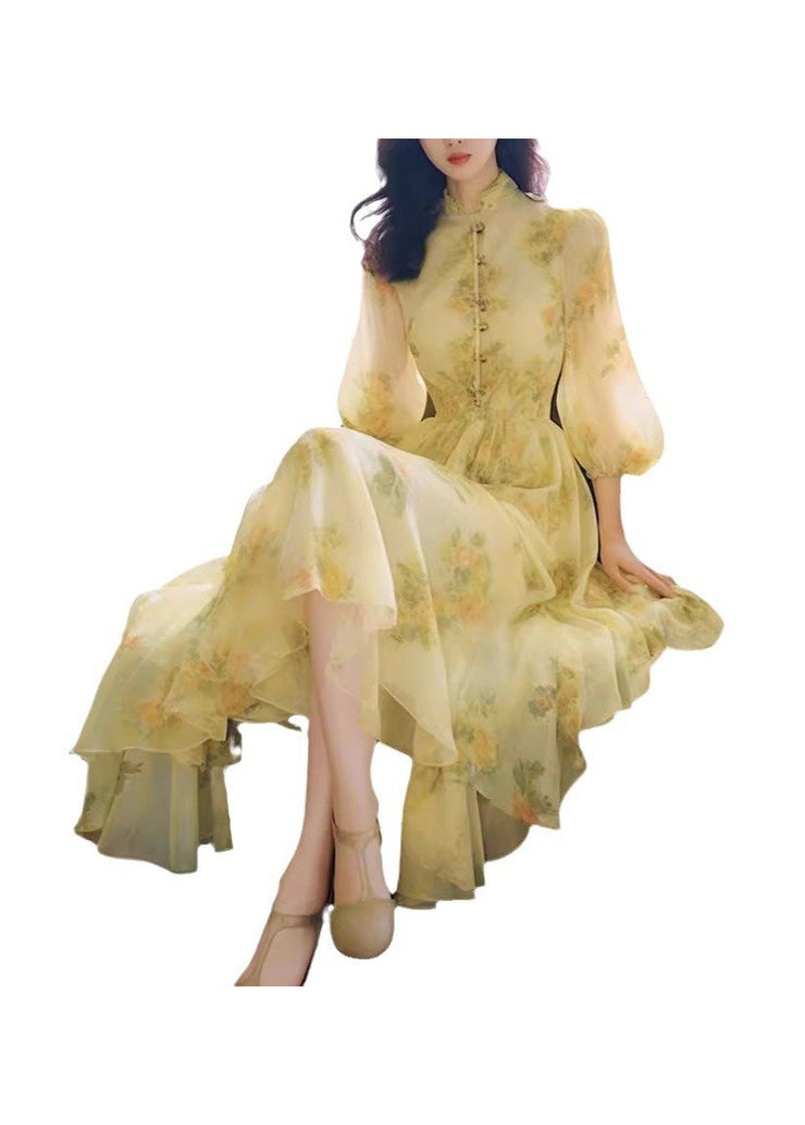 French Yellow Stand Collar Puff Sleeve Print Chiffon Dress