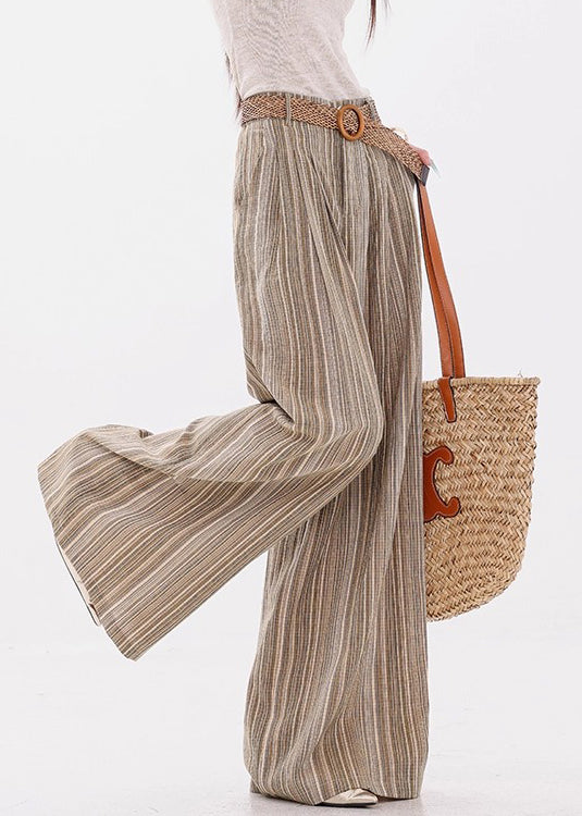 French Yellow Striped Pockets Cotton Wide Leg Pants Fall