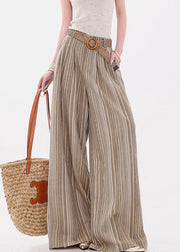 French Yellow Striped Pockets Cotton Wide Leg Pants Fall