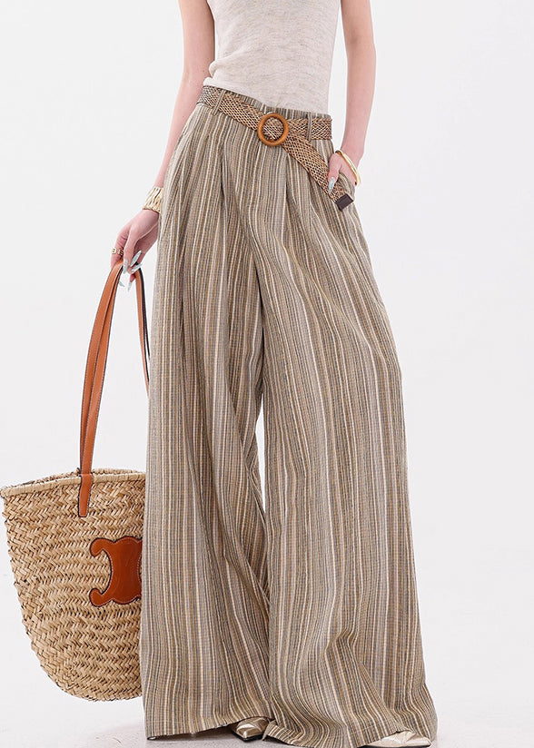 French Yellow Striped Pockets Cotton Wide Leg Pants Fall
