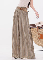 French Yellow Striped Pockets Cotton Wide Leg Pants Fall