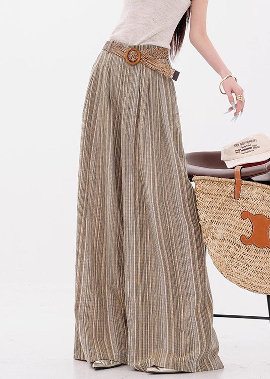 French Yellow Striped Pockets Cotton Wide Leg Pants Fall