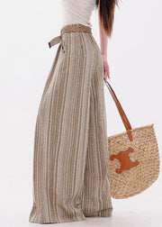 French Yellow Striped Pockets Cotton Wide Leg Pants Fall