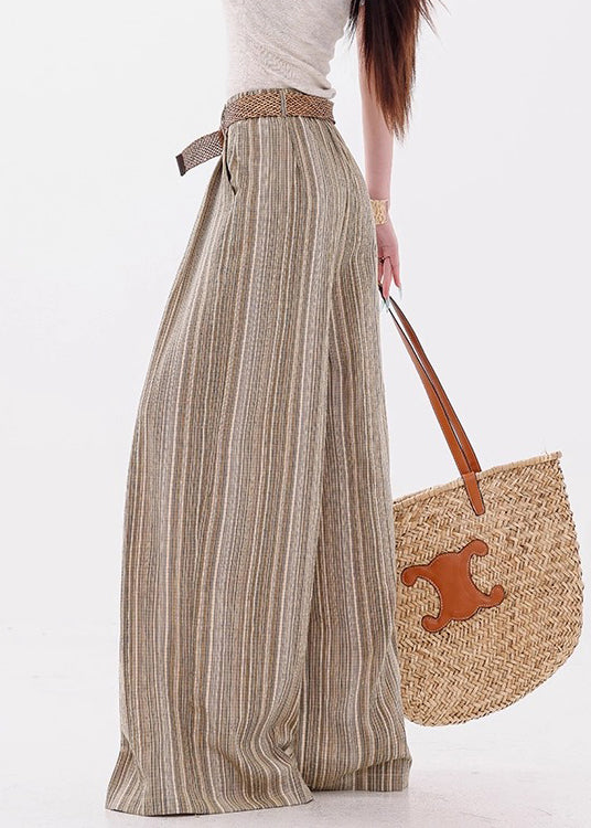 French Yellow Striped Pockets Cotton Wide Leg Pants Fall