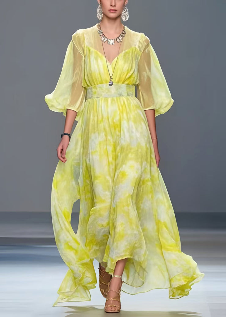 French Yellow Tie Dye Chiffon Vacation Dresses Summer