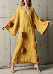 French Yellow V Neck Fuzzy Fur Patchwork Cotton Dress Fall