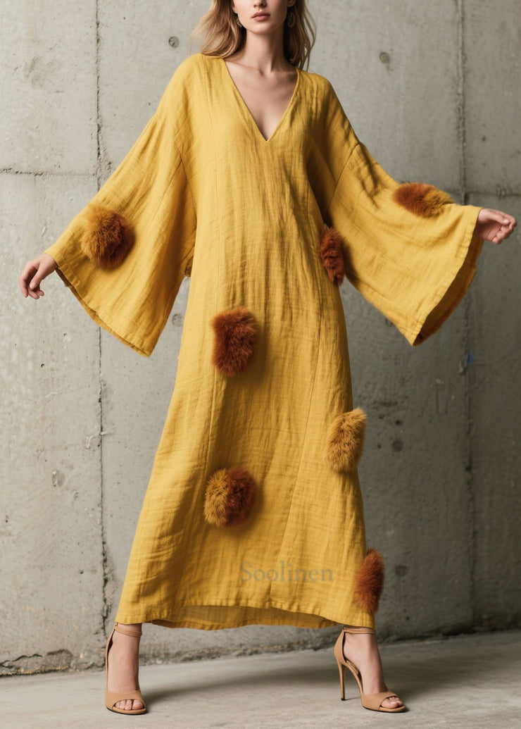 French Yellow V Neck Fuzzy Fur Patchwork Cotton Dress Fall