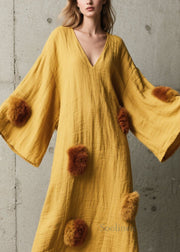 French Yellow V Neck Fuzzy Fur Patchwork Cotton Dress Fall