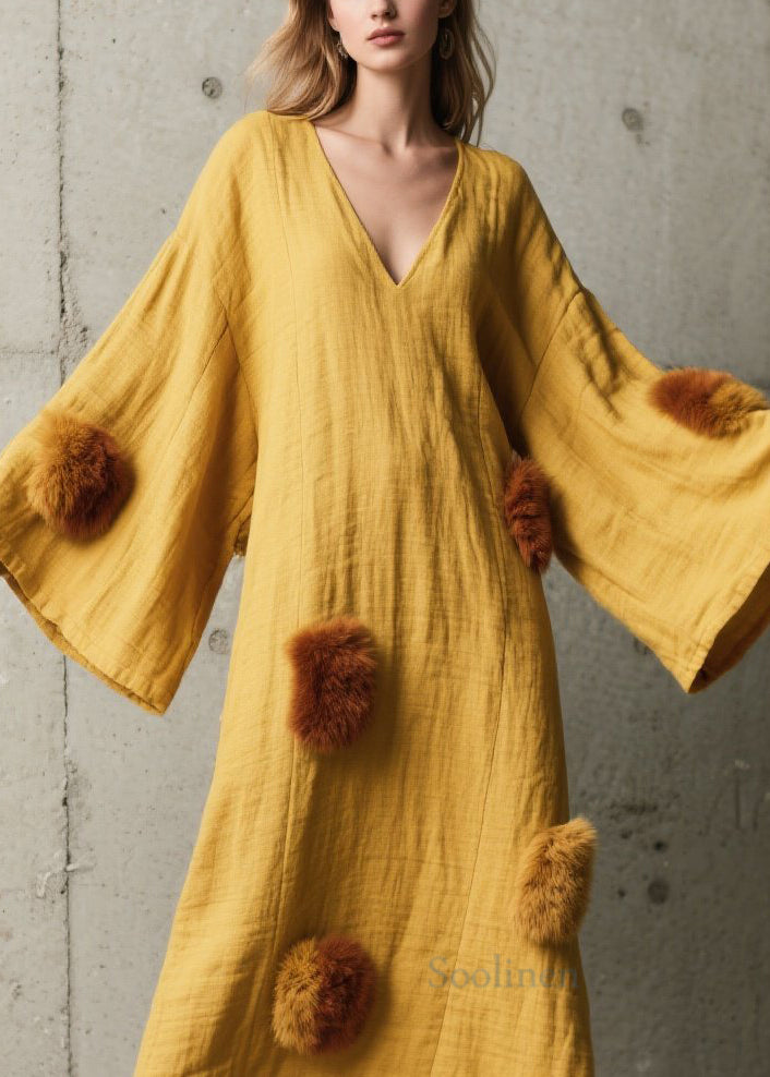 French Yellow V Neck Fuzzy Fur Patchwork Cotton Dress Fall