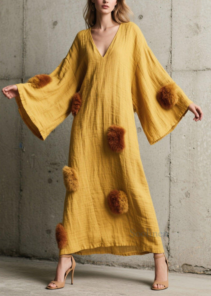 French Yellow V Neck Fuzzy Fur Patchwork Cotton Dress Fall