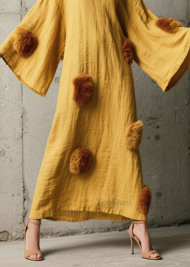 French Yellow V Neck Fuzzy Fur Patchwork Cotton Dress Fall