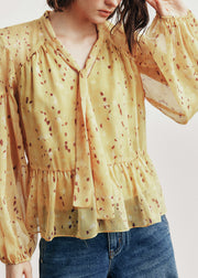 French Yellow V Neck Print Cotton Blouses Lantern Sleeve