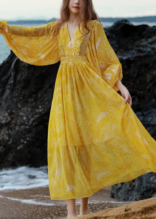 French Yellow V Neck Print Tie Waist Chiffon Maxi Dresses Lantern Sleeve