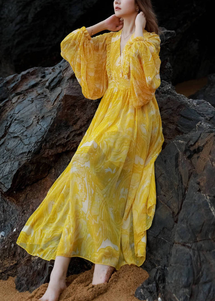French Yellow V Neck Print Tie Waist Chiffon Maxi Dresses Lantern Sleeve