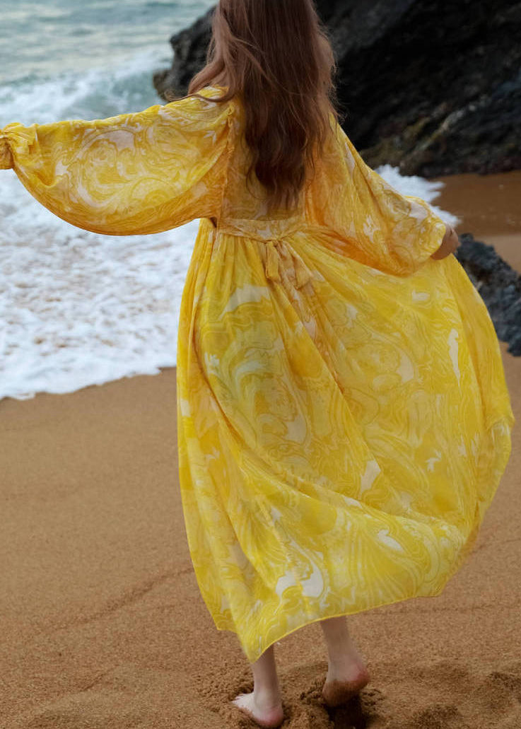 French Yellow V Neck Print Tie Waist Chiffon Maxi Dresses Lantern Sleeve