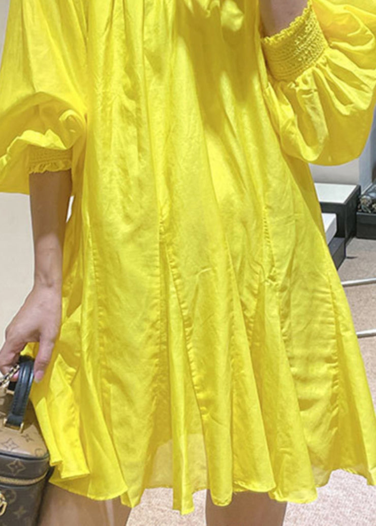 French Yellow V Neck Sexy Cotton Mid Dress Spring