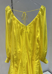 French Yellow V Neck Sexy Cotton Mid Dress Spring