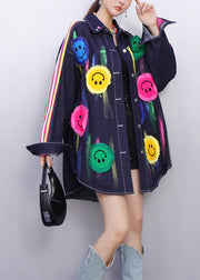 Fun Filled Blue Smiley Striped Denim Coats Fall