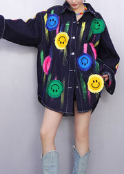 Fun Filled Blue Smiley Striped Denim Coats Fall