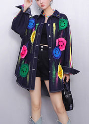 Fun Filled Blue Smiley Striped Denim Coats Fall