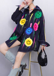 Fun Filled Blue Smiley Striped Denim Coats Fall