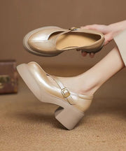 Gold Buckle Strap Splicing Classy Cowhide Leather Chunky Heel