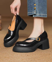 Gold Buckle Strap Splicing Classy Cowhide Leather Chunky Heel