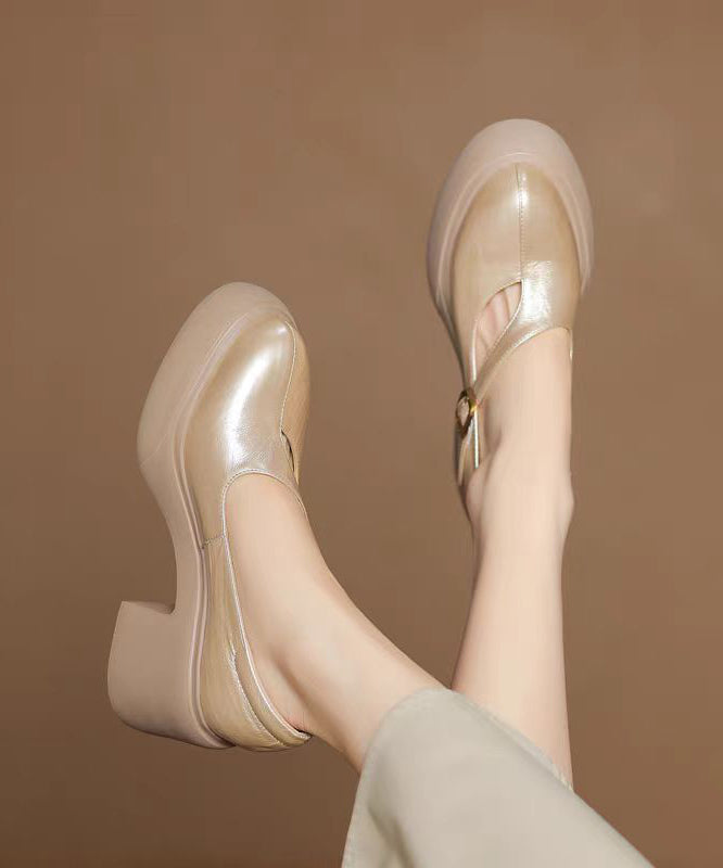 Gold Buckle Strap Splicing Classy Cowhide Leather Chunky Heel