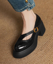 Gold Buckle Strap Splicing Classy Cowhide Leather Chunky Heel