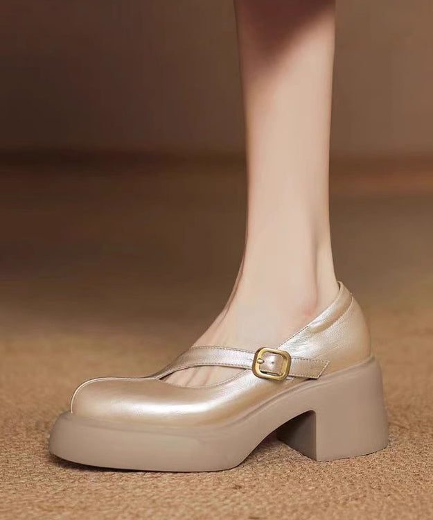 Gold Buckle Strap Splicing Classy Cowhide Leather Chunky Heel