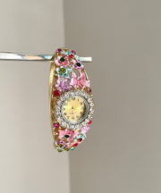Gold Pink Alloy Zircon Floral Cloisonne Watches