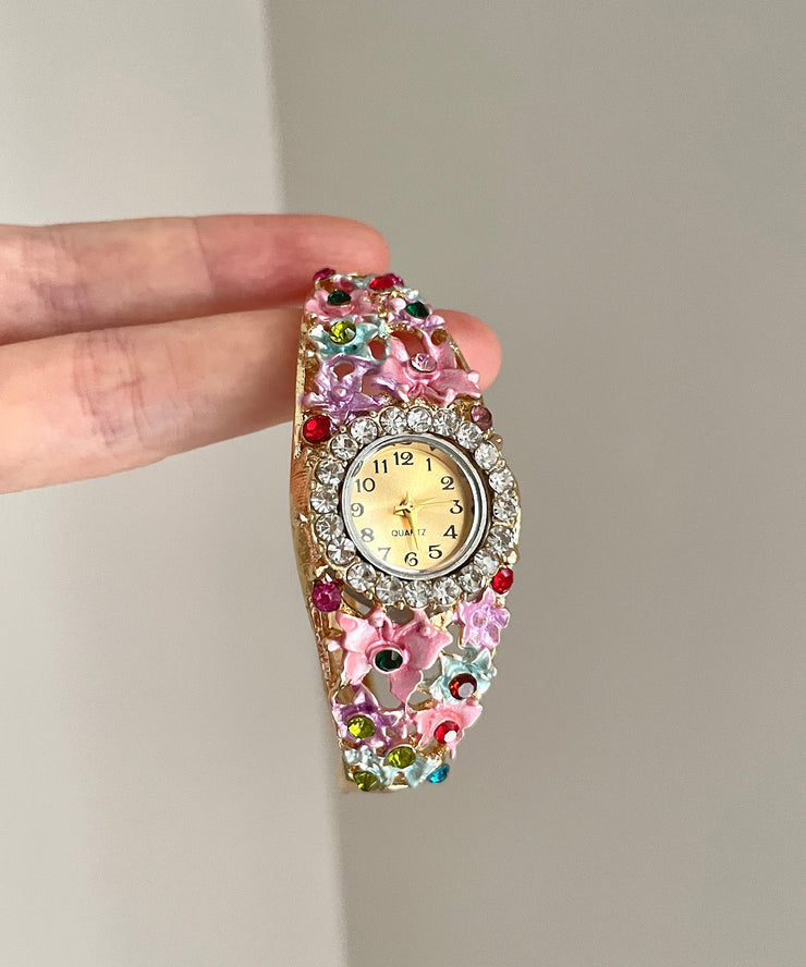 Gold Pink Alloy Zircon Floral Cloisonne Watches