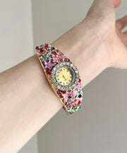 Gold Pink Alloy Zircon Floral Cloisonne Watches