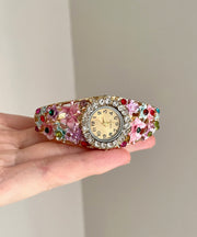 Gold Pink Alloy Zircon Floral Cloisonne Watches