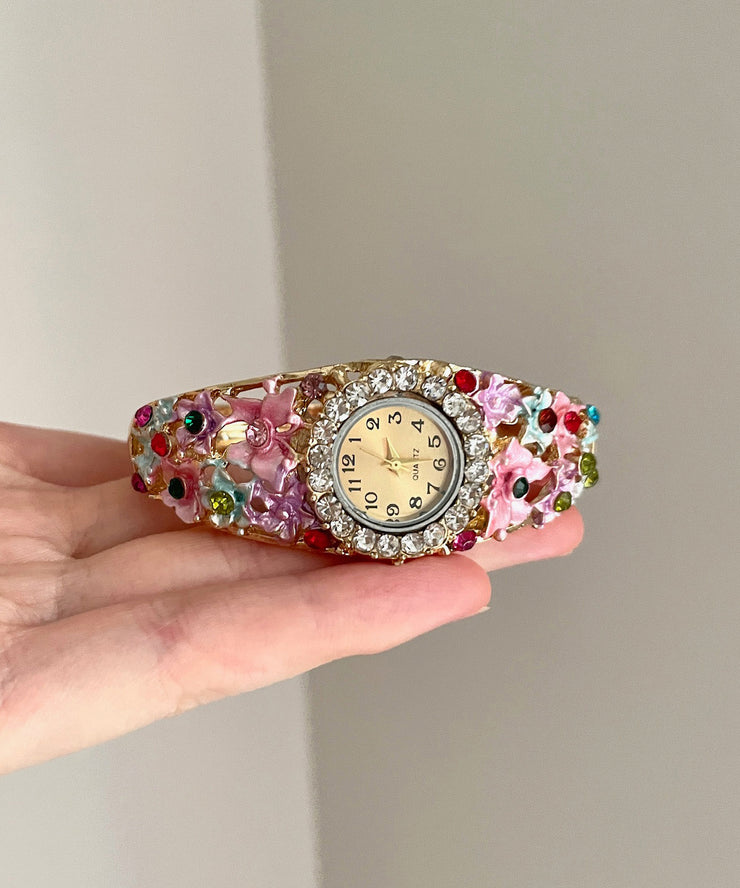 Gold Pink Alloy Zircon Floral Cloisonne Watches