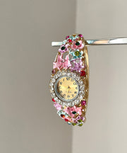 Gold Pink Alloy Zircon Floral Cloisonne Watches