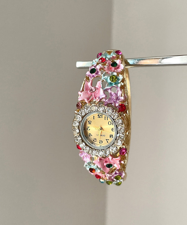 Gold Pink Alloy Zircon Floral Cloisonne Watches