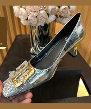 Gold Zircon Splicing Chic Chunky High Heels Square Toe