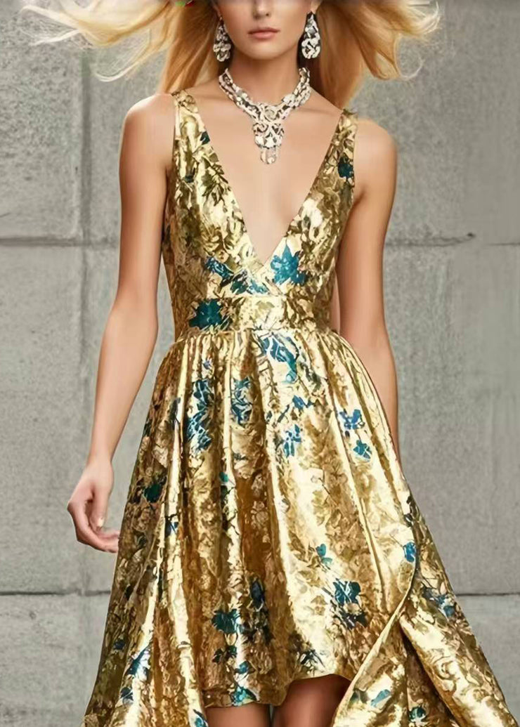 Golden Jacquard Cami Dresses Asymmetrical Exra Large Hem Summer