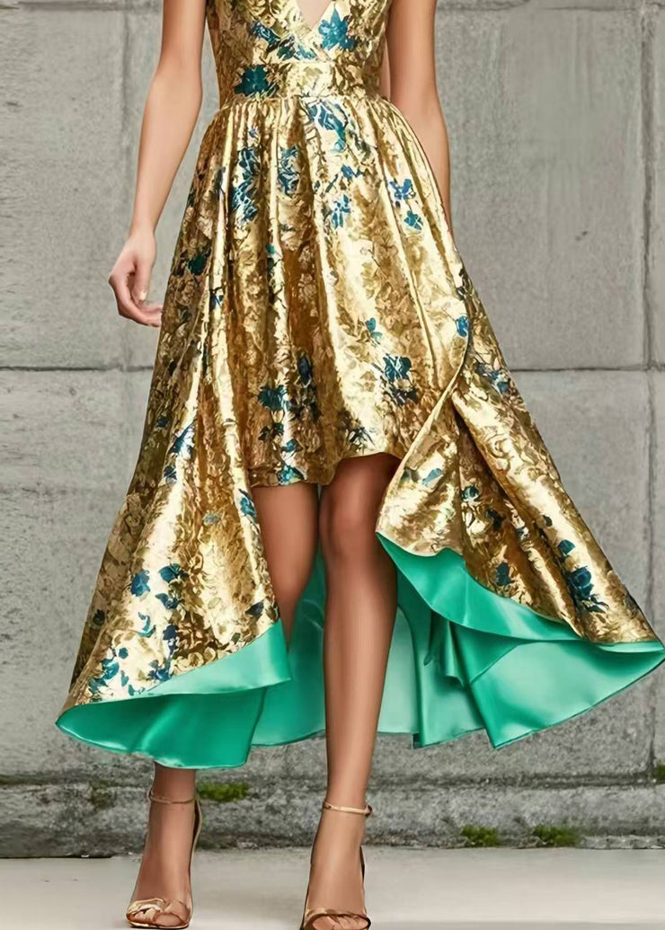 Golden Jacquard Cami Dresses Asymmetrical Exra Large Hem Summer