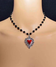 Gothic Black Agate Peach Heart Pendant Necklace