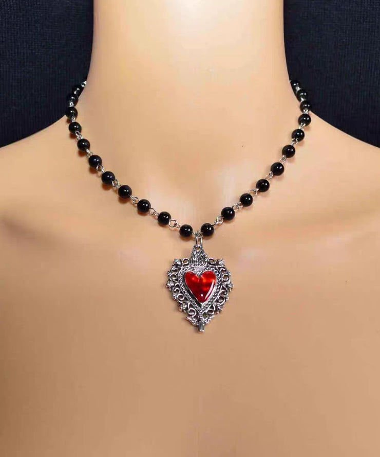 Gothic Black Agate Peach Heart Pendant Necklace