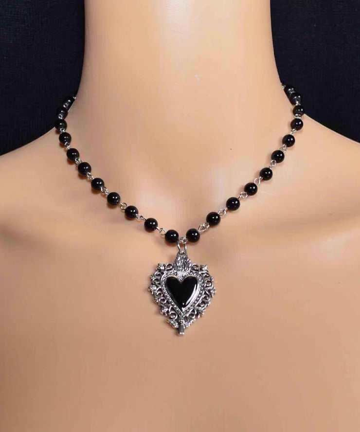 Gothic Black Agate Peach Heart Pendant Necklace