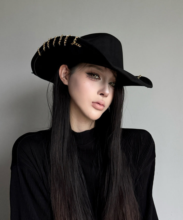 Gothic Style Black Chain Edge Suede Cowboy Hat