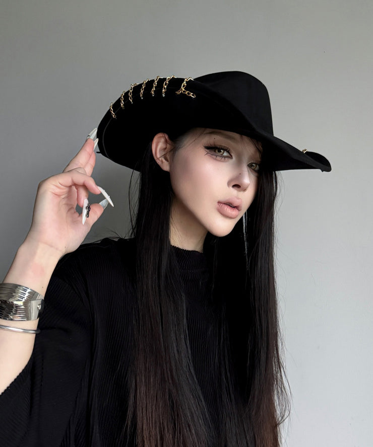 Gothic Style Black Chain Edge Suede Cowboy Hat