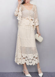 Graceful Beige Hollow Out Crochet Lace Two Pieces Set Fall