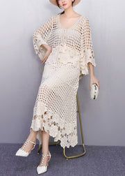 Graceful Beige Hollow Out Crochet Lace Two Pieces Set Fall